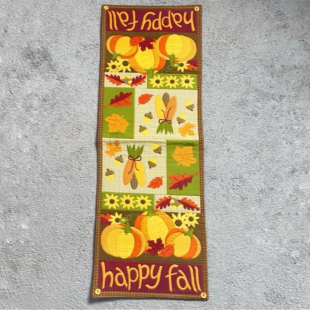 Happy Fall 36x13 Table Runner, Pumpkins, Leaves, Corn, Sunflowers, Hanging
